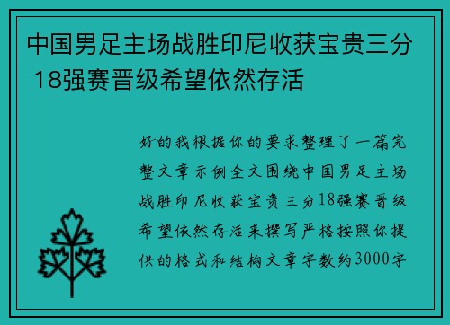 中国男足主场战胜印尼收获宝贵三分 18强赛晋级希望依然存活