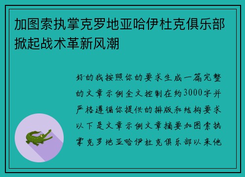 加图索执掌克罗地亚哈伊杜克俱乐部掀起战术革新风潮 加图索执掌克罗地亚哈伊杜克俱乐部掀起战术革新风潮